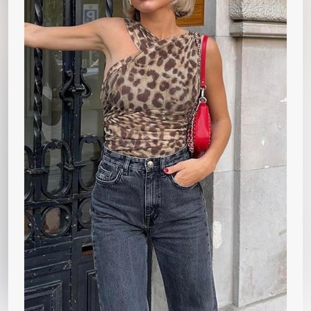 Tyssedal Studio Leopard Print Ruched Crossover Halter Bodysuit Brown Tan Large